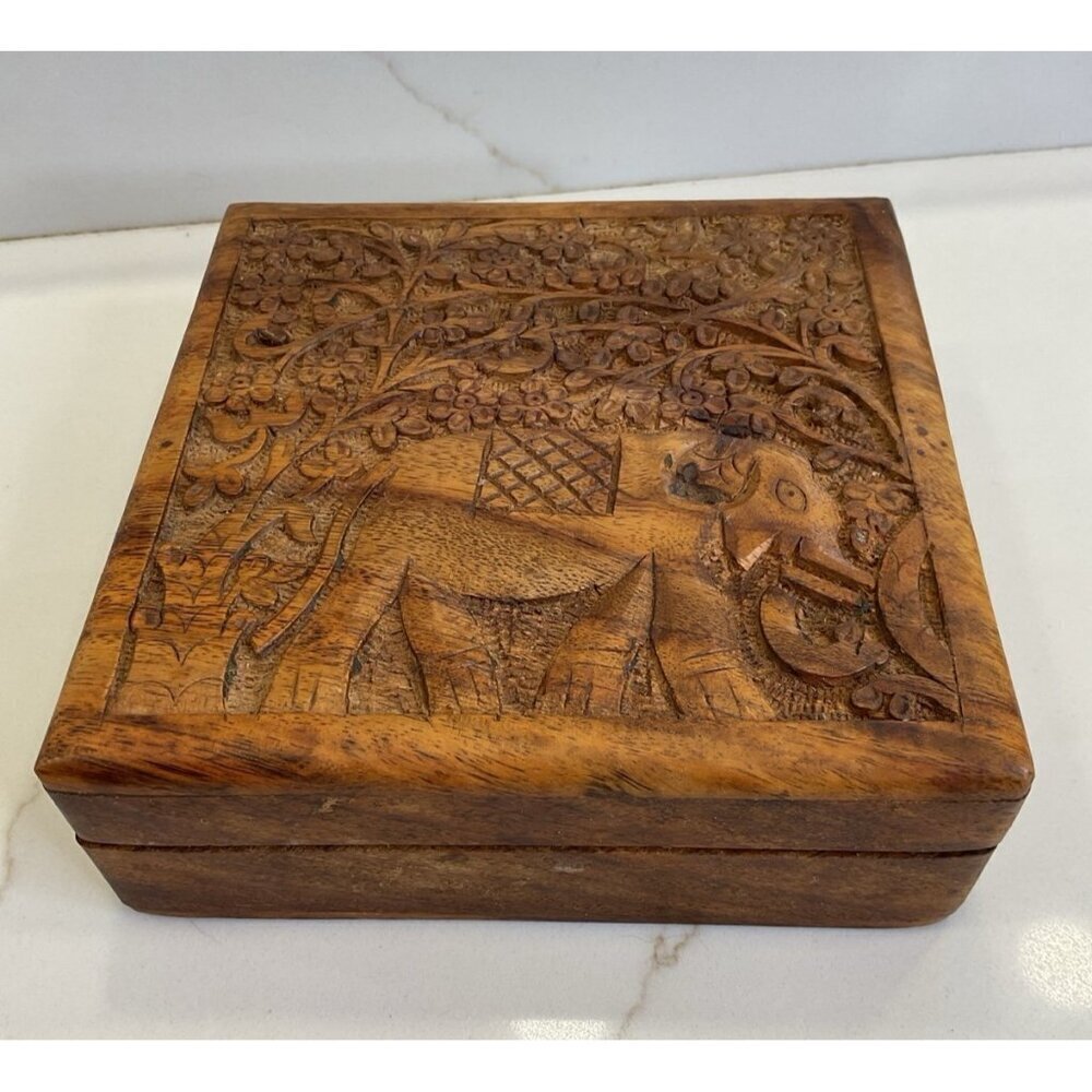 Vintage Teak Wood Hand Carved Elephant Jewelry Trinket Box